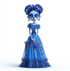 Fototapeta premium A cute girl character of the Day of the Dead, wearing a blue dress with lace and flowers on top, against a white background.