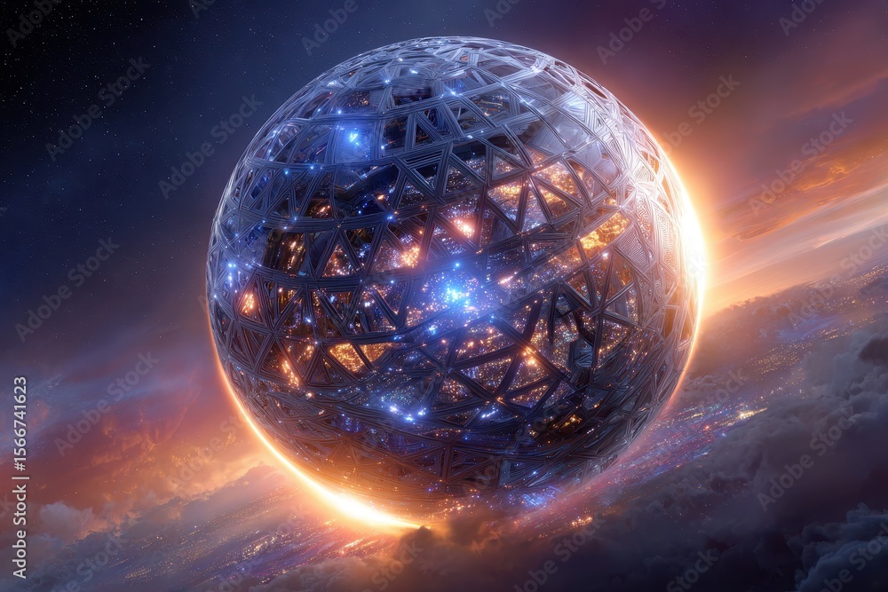 Poster futuristic sphere hovering above clouds with glowing lights and celestial background at twilight