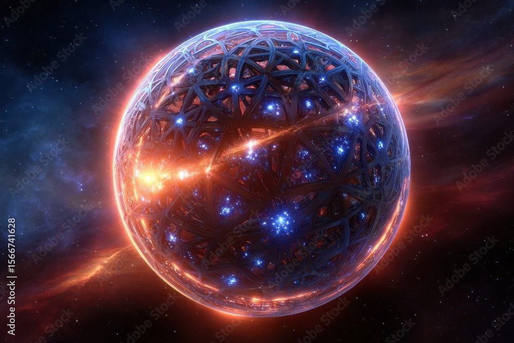 Poster vibrant celestial sphere with intricate patterns glowing amidst cosmic background