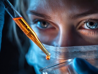 Close-up of gloved hands with beaker and pipette, drop about to fall, dramatic light and colorful liquid.