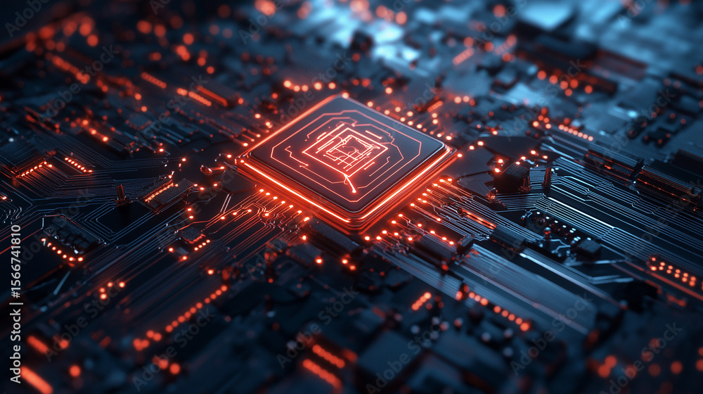 Poster exploring the future of technology circuit board innovations digital space visual art macro view hig