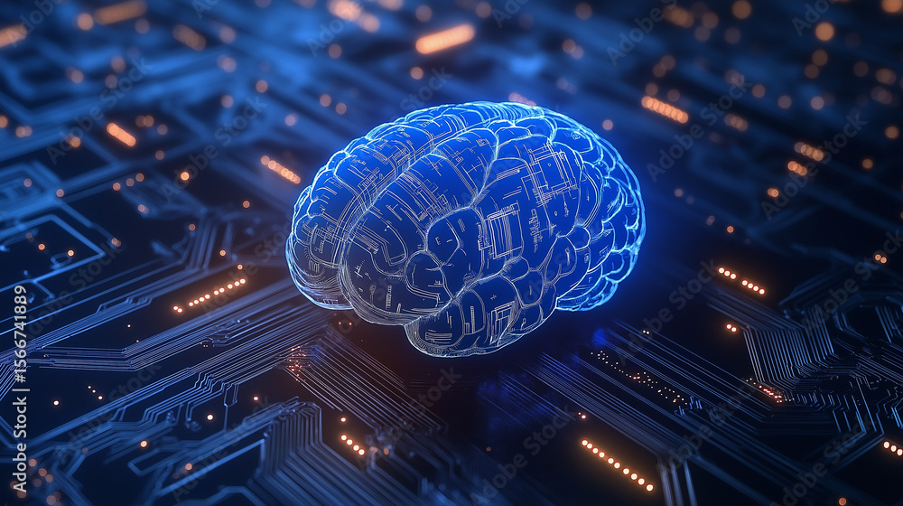 Poster artificial intelligence brain surfaces in digital circuitry technology realm 3d graphic visualizatio