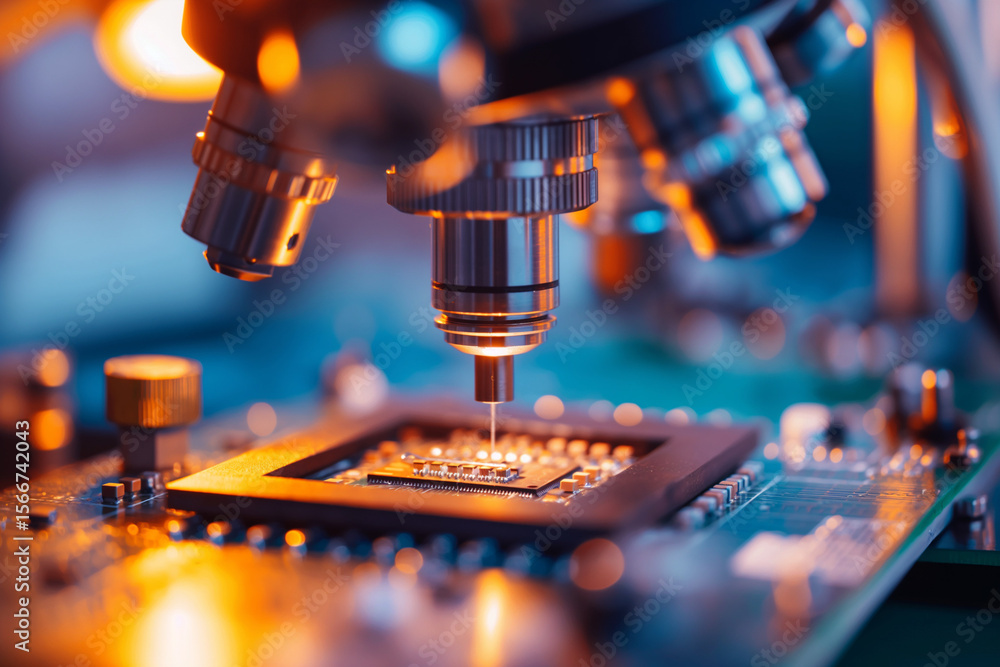 Poster exploring microchip technology innovations in controlled laboratory environment close-up view scienc