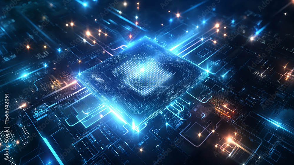 Poster futuristic digital processor circuit virtual realm graphic design high-tech environment aerial view 