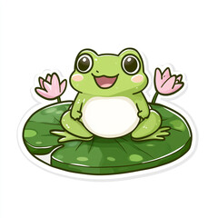 Fototapeta premium A delightful cartoon frog with big eyes and a gentle smile, sitting on a green lily pad beside a pink lotus flower.