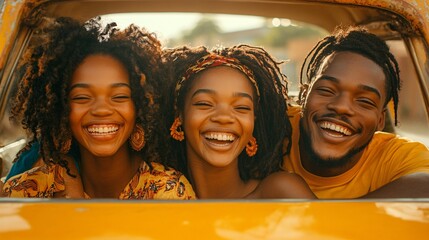 vibrant african american friends taking joyful ride in vintage car during sunset