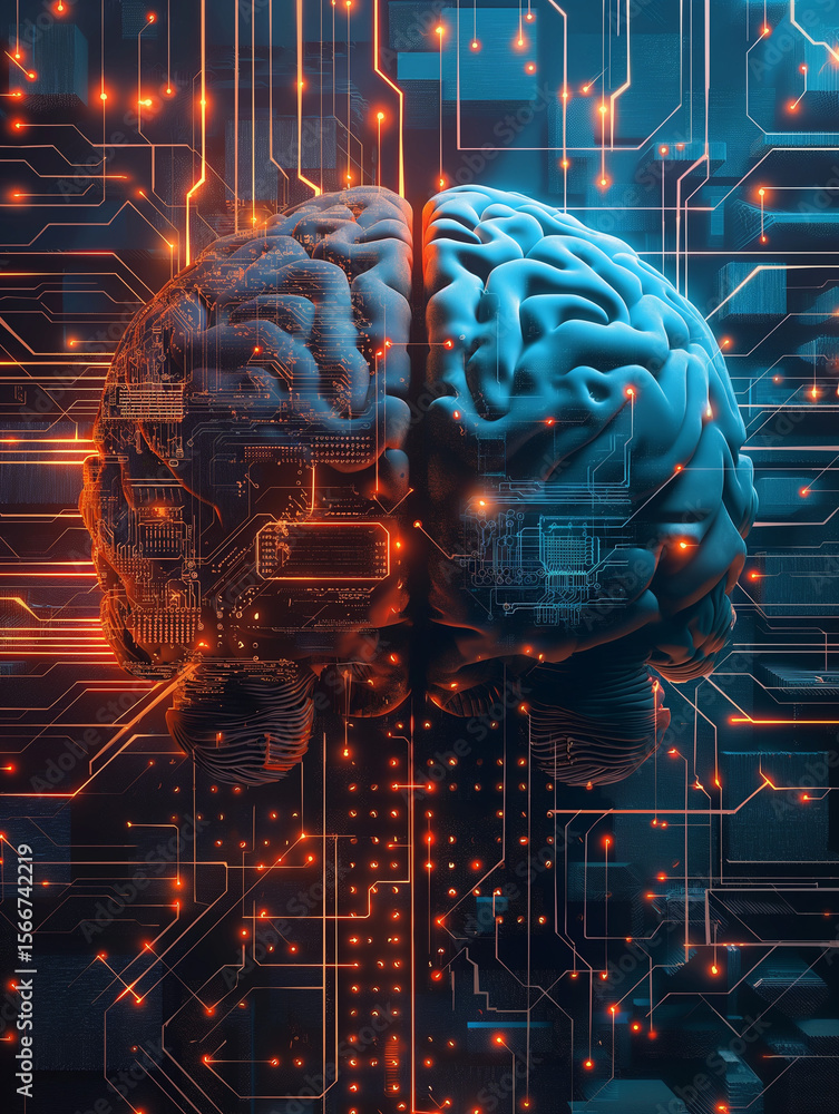 Poster innovative brain-computer interface technology digital realm concept art futuristic environment clos