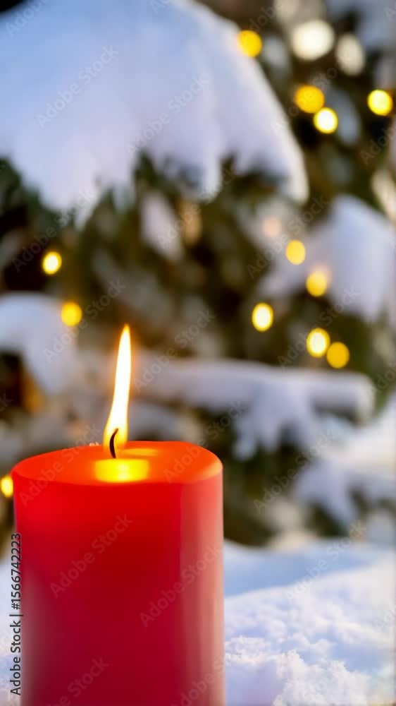 Poster festive scene of a red candle with a bright flame burning in the snow with bokeh lights and frosted 