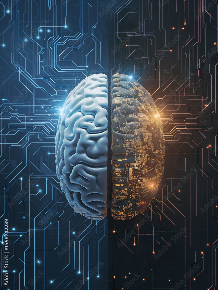 Poster exploring the convergence of artificial intelligence and human thought digital era conceptual art fu