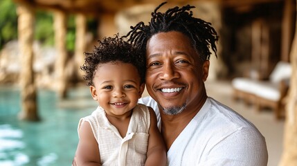 joyful father and son enjoying tropical vacation by the water