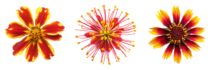 Set of Close-up of a single dried red kosmeya flower lying flat on transparent png background. Ai generated
