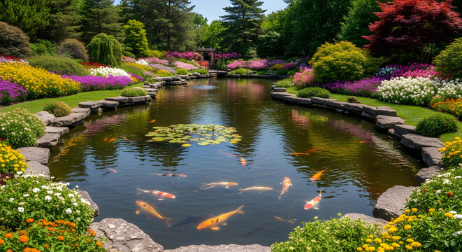 Serene koi pond nestled within a vibrant, meticulously landscaped garden, showcasing colorful flowers and lush greenery.