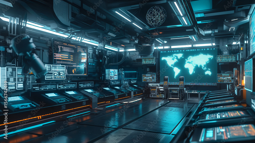 Poster futuristic control room operations global network monitoring digital interface high-tech environment