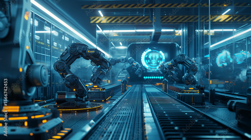 Poster industrial automation robotic systems in modern manufacturing high-tech factory digital environment 
