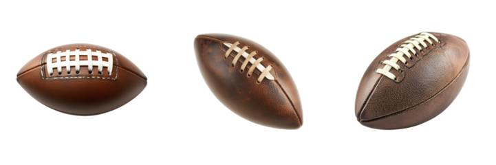 Set of Detailed image of an American football ball showing leather texture on transparent png background. Ai generated