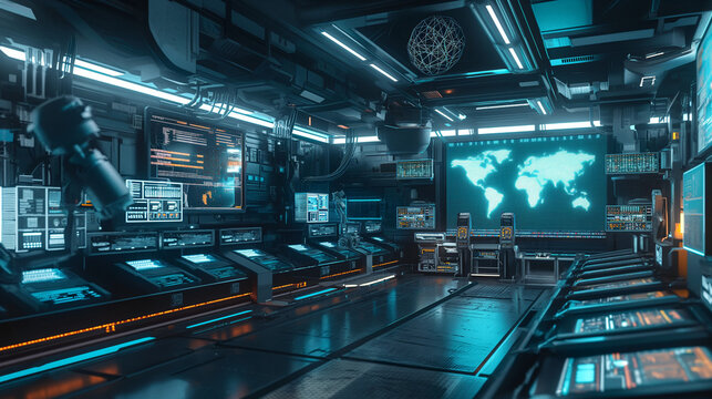Futuristic control room operations global network monitoring digital interface high-tech environment wide-angle view innovation - Powered by Adobe