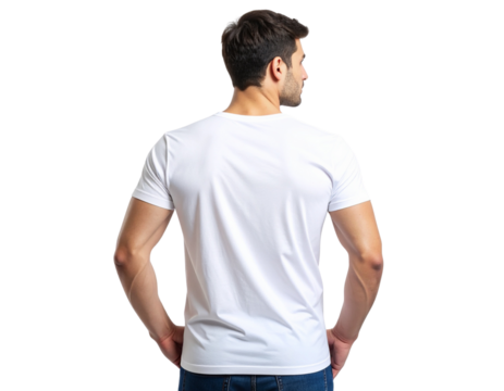 Man in White T-Shirt Looking Over Shoulder, Side Angle Pose, Transparent PNG - Powered by Adobe