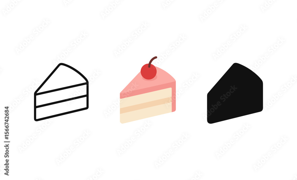 Poster Evolution of cake icon design: from outline to colorful slice with cherry