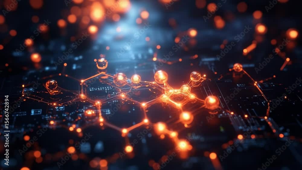 Poster futuristic digital network visualization with glowing nodes and connections