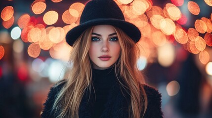 elegant woman in night cityscape with bokeh lights, fashion, style and confidence