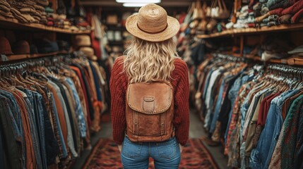 woman shopping for vintage hats and clothes at thrift store in warm tones
