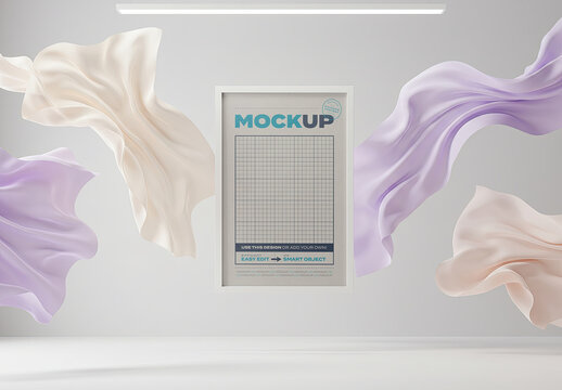 Silk Scarf Floating with Vertical Poster Mockup