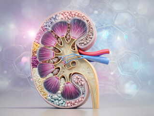 3D-rendered kidney cross-section with labeled, color-coded parts on a clean clinical background with soft glow.