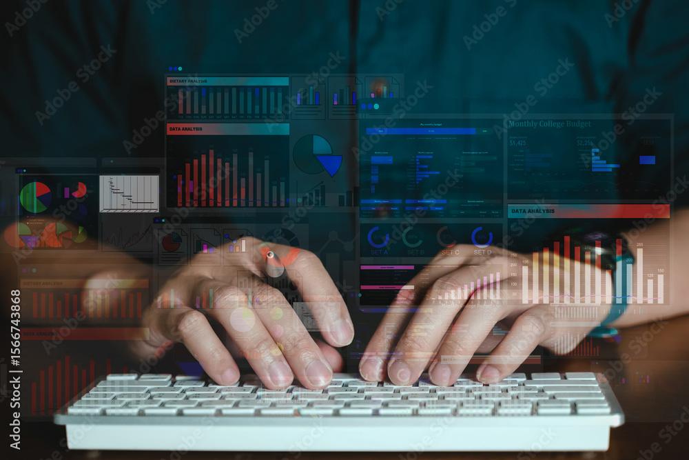 Poster modern digital dashboard interface over businessman typing on keyboard. concept of data analysis, on