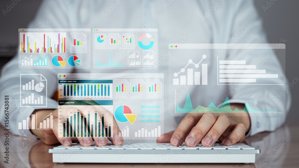 Poster modern digital dashboard interface over businessman typing on keyboard. concept of data analysis, on
