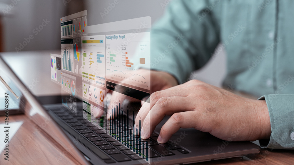 Aufkleber business man interacts with a futuristic virtual dashboard, displaying data analytics, charts, and s