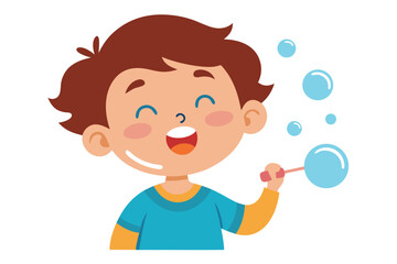 Joyful Boy Blowing Soap Bubbles: Cheerful Cartoon Illustration, Childish Fun, Happy Expression