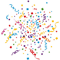 Colorful confetti and party streamers celebrate a happy occasion with heart shapes and fun designs