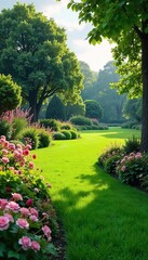 Serene landscape design featuring lush greenery, vibrant flowers, and meticulously manicured lawns A picturesque scene perfect for relaxation and tranquility , field, flowers, spring