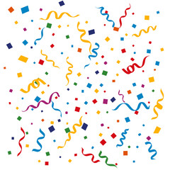 Colorful confetti and party streamers celebrate a happy occasion with heart shapes and fun designs