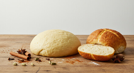 bread and flour on a  table with white background