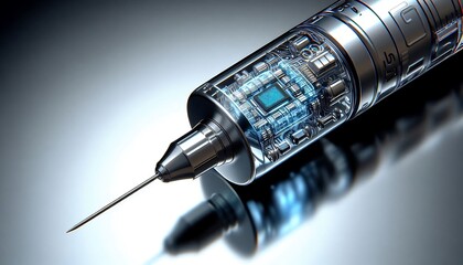 Macro photo of high-tech medical syringe tip with AI-controlled micro sensor