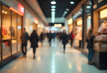 Busy Shopping Mall Interior Blurred Image. A blurred view of a bustling shopping mall corridor.