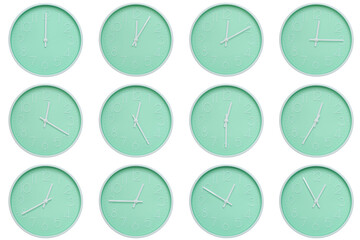 Collection of mint green wall clocks with white numbers and hands, each showing a different time 00:00 to 00:55 or 12:00 to 12:55. Perfect for concepts related to time, routine