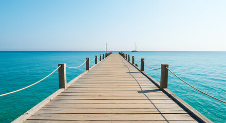 A tranquil wooden pier stretches out over a calm, turquoise sea, leading the eye towards the serene horizon. The scene evokes a sense of peace and invites viewers to embark on a journey of relaxation.