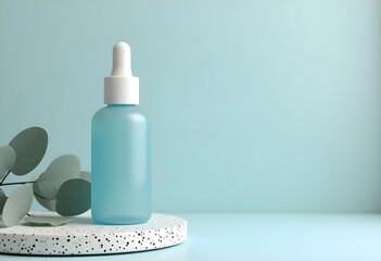 Elegant Light Blue Serum Bottle on a Display Platform. A light blue serum bottle with a white dropper cap sits atop a speckled, light gray and white stone platform against a soft, pastel blue.