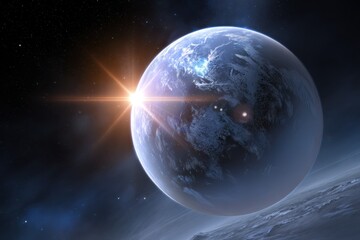 Fototapeta premium View of a distant planet illuminated by a sun rising on the horizon in a vast universe filled with stars