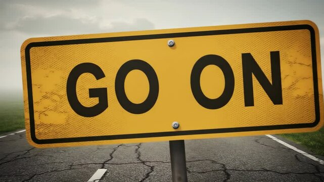 Motivational Road Sign in Fog - A yellow road sign reading "GO ON" stands at a curve in a foggy road. The sign is partially obscured by a blurred yellow object in the foreground, suggesting