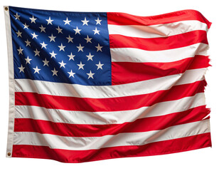 Obraz premium Realistic aged American flag with frayed and torn edges, muted vintage color palette, visible fabric wear and subtle shadowing, slightly waving shape for realism, isolated on t