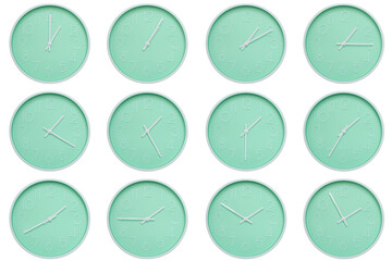Collection of mint green wall clocks with white numbers and hands, each showing a different time 01:00 to 01:55 or 13:00 to 13:55. Perfect for concepts related to time, routine