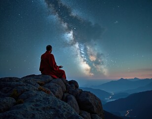 Obraz premium Meditative male monk under starry night sky with milky way in remote mountain landscape