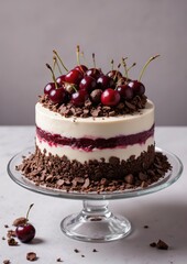 Elegant cherry chocolate cake with layers of rich cream and fresh cherries on a glass stand