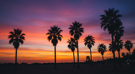 Silhouetted palm trees against a vibrant, multi-hued sunset sky. The silhouettes of the trees create a striking contrast with the radiant sky, showcasing a moment of breathtaking beauty.