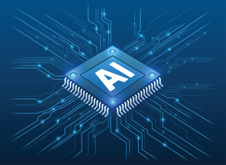 A blue AI chip with radiating circuits and glowing accents on a dark blue gradient background
