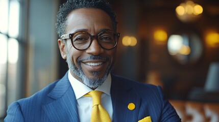 confident professional man in suit with glasses smiling in warm modern office setting