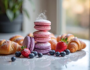Colorful macarons and fresh berries on marble surface near window